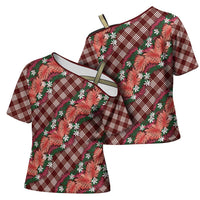 Polynesian Monstera Tiare Floral Cross Shoulder Shirt Burgundy Tropical Plaid - Polynesian Pride