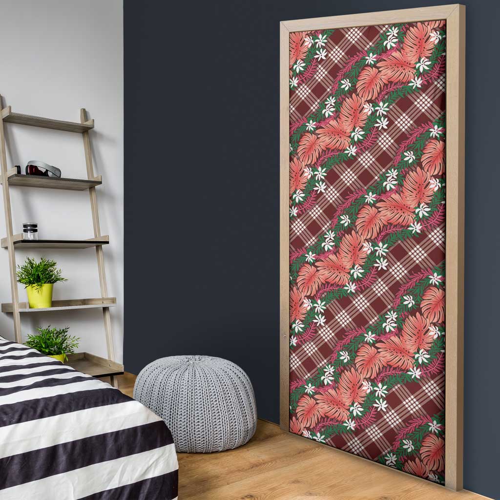 Polynesian Monstera Tiare Floral Door Cover Burgundy Tropical Plaid - Polynesian Pride