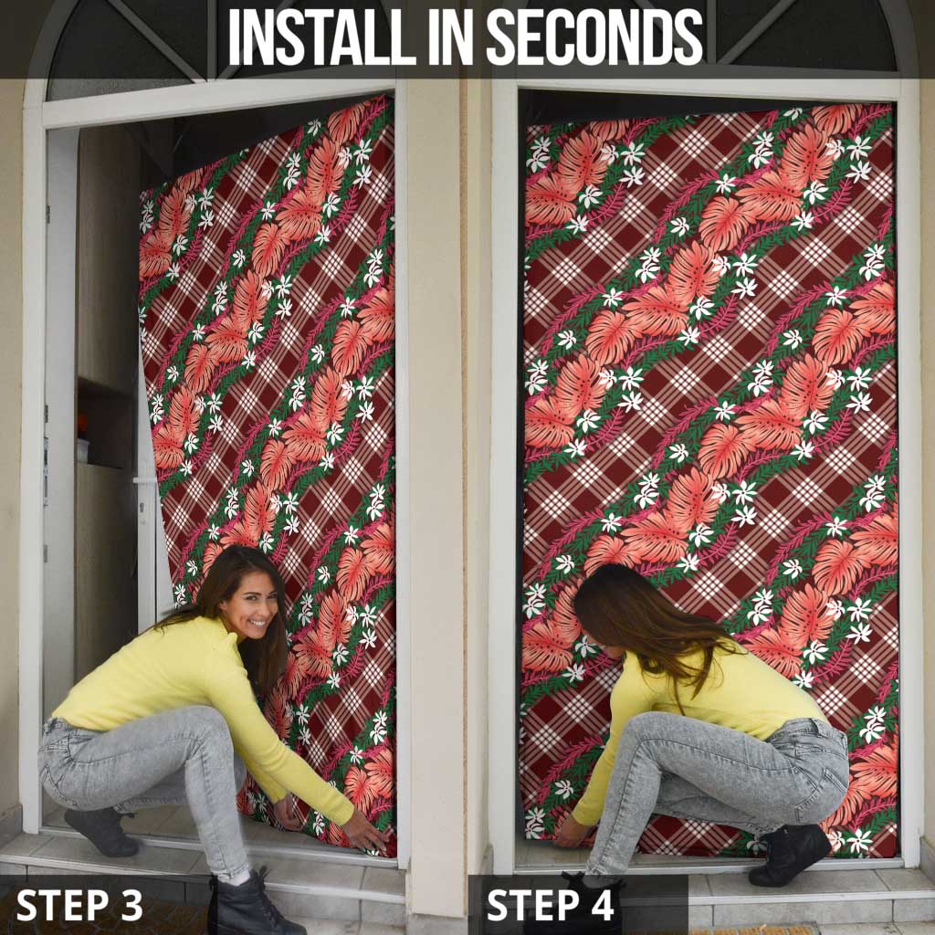 Polynesian Monstera Tiare Floral Door Cover Burgundy Tropical Plaid - Polynesian Pride