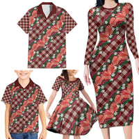 Polynesian Monstera Tiare Floral Family Matching Long Sleeve Bodycon Dress and Hawaiian Shirt Burgundy Tropical Plaid - Polynesian Pride
