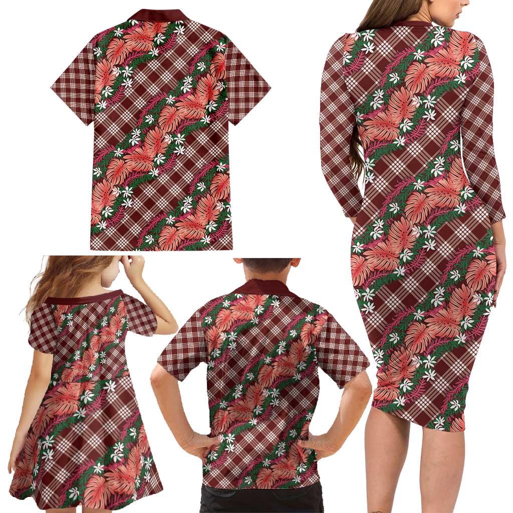 Polynesian Monstera Tiare Floral Family Matching Long Sleeve Bodycon Dress and Hawaiian Shirt Burgundy Tropical Plaid - Polynesian Pride