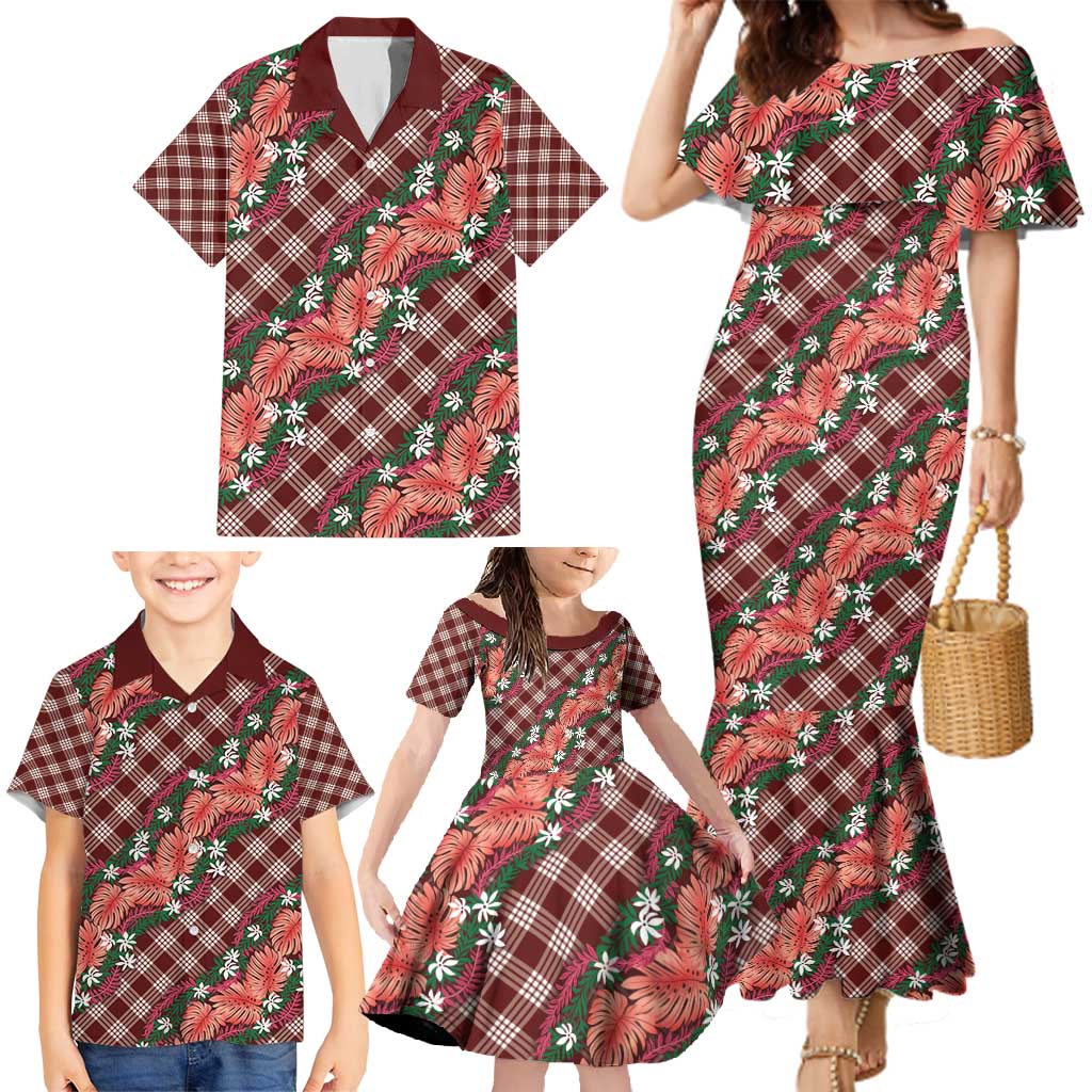 Polynesian Monstera Tiare Floral Family Matching Mermaid Dress and Hawaiian Shirt Burgundy Tropical Plaid - Polynesian Pride