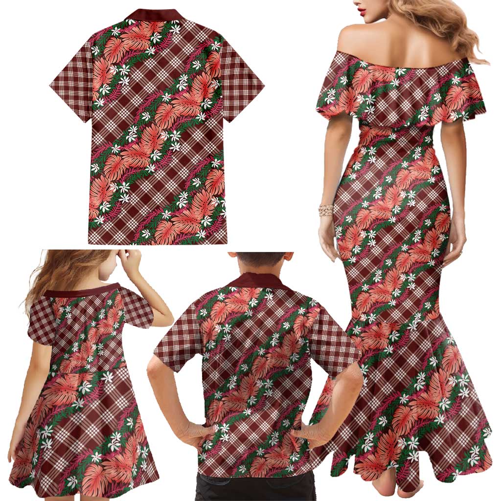 Polynesian Monstera Tiare Floral Family Matching Mermaid Dress and Hawaiian Shirt Burgundy Tropical Plaid - Polynesian Pride
