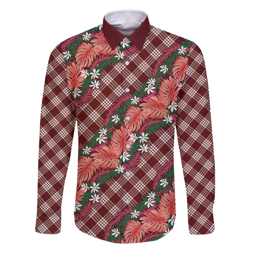 Polynesian Monstera Tiare Floral Family Matching Mermaid Dress and Hawaiian Shirt Burgundy Tropical Plaid - Polynesian Pride