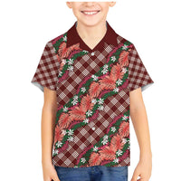 Polynesian Monstera Tiare Floral Family Matching Mermaid Dress and Hawaiian Shirt Burgundy Tropical Plaid - Polynesian Pride