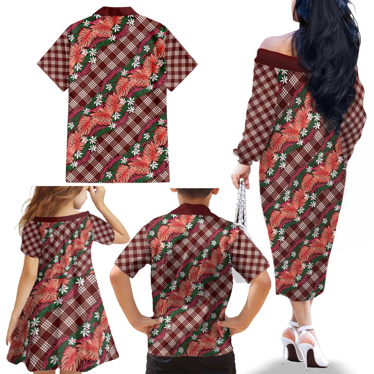 Polynesian Monstera Tiare Floral Family Matching Off The Shoulder Long Sleeve Dress and Hawaiian Shirt Burgundy Tropical Plaid - Polynesian Pride