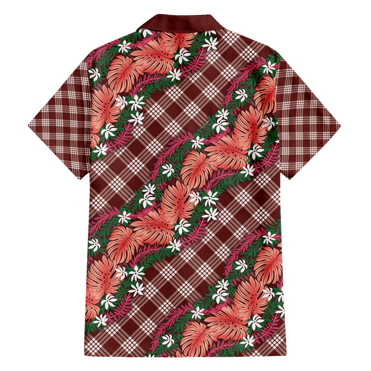 Polynesian Monstera Tiare Floral Family Matching Off The Shoulder Long Sleeve Dress and Hawaiian Shirt Burgundy Tropical Plaid - Polynesian Pride