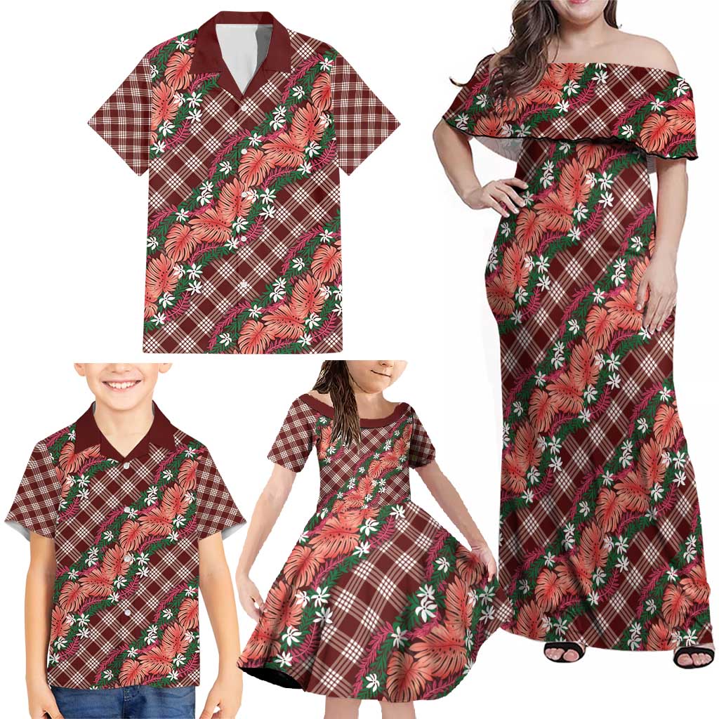 Polynesian Monstera Tiare Floral Family Matching Off Shoulder Maxi Dress and Hawaiian Shirt Burgundy Tropical Plaid - Polynesian Pride