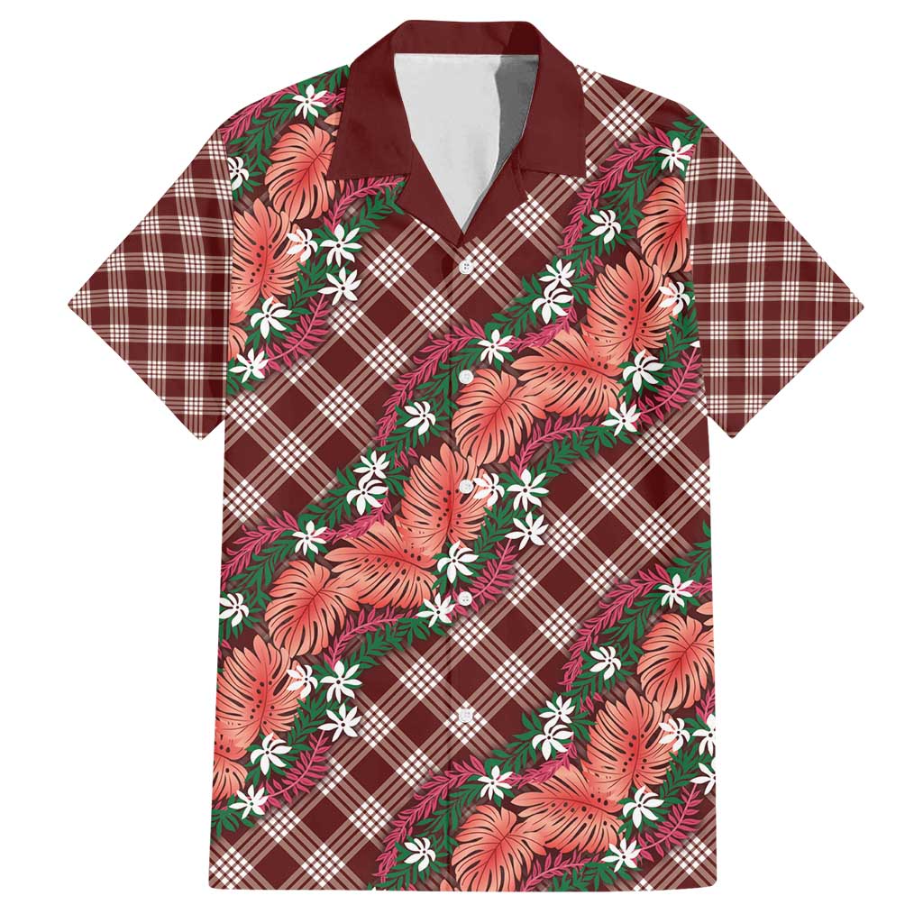 Polynesian Monstera Tiare Floral Family Matching Off Shoulder Maxi Dress and Hawaiian Shirt Burgundy Tropical Plaid - Polynesian Pride