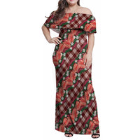 Polynesian Monstera Tiare Floral Family Matching Off Shoulder Maxi Dress and Hawaiian Shirt Burgundy Tropical Plaid - Polynesian Pride