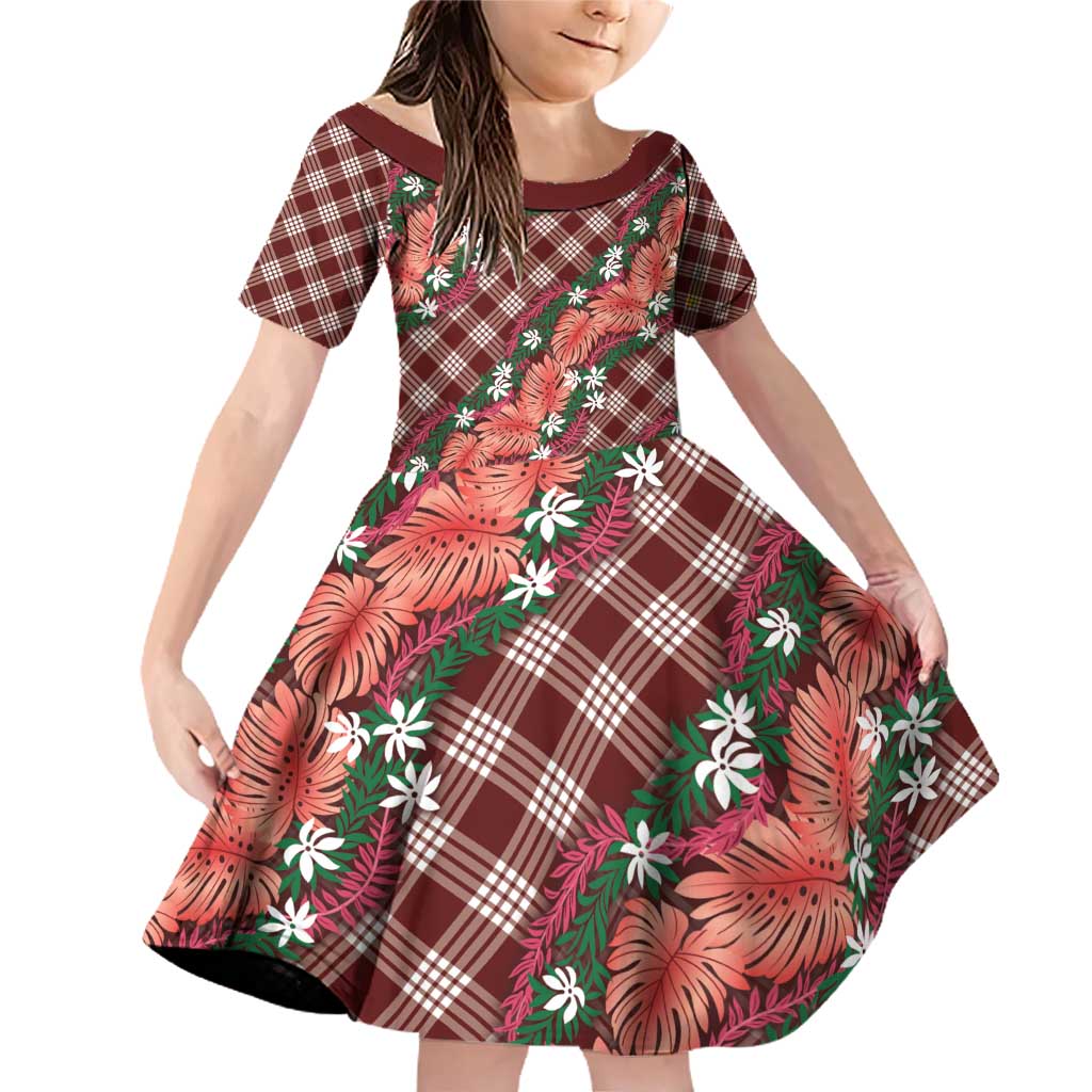 Polynesian Monstera Tiare Floral Family Matching Off Shoulder Short Dress and Hawaiian Shirt Burgundy Tropical Plaid - Polynesian Pride