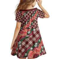 Polynesian Monstera Tiare Floral Family Matching Off Shoulder Short Dress and Hawaiian Shirt Burgundy Tropical Plaid - Polynesian Pride