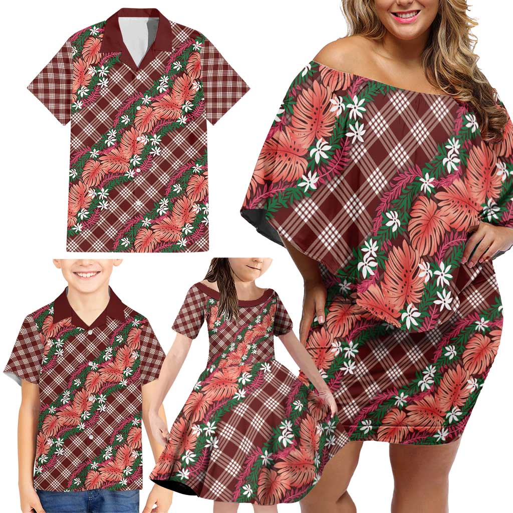 Polynesian Monstera Tiare Floral Family Matching Off Shoulder Short Dress and Hawaiian Shirt Burgundy Tropical Plaid - Polynesian Pride