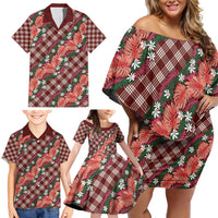 Polynesian Monstera Tiare Floral Family Matching Off Shoulder Short Dress and Hawaiian Shirt Burgundy Tropical Plaid - Polynesian Pride