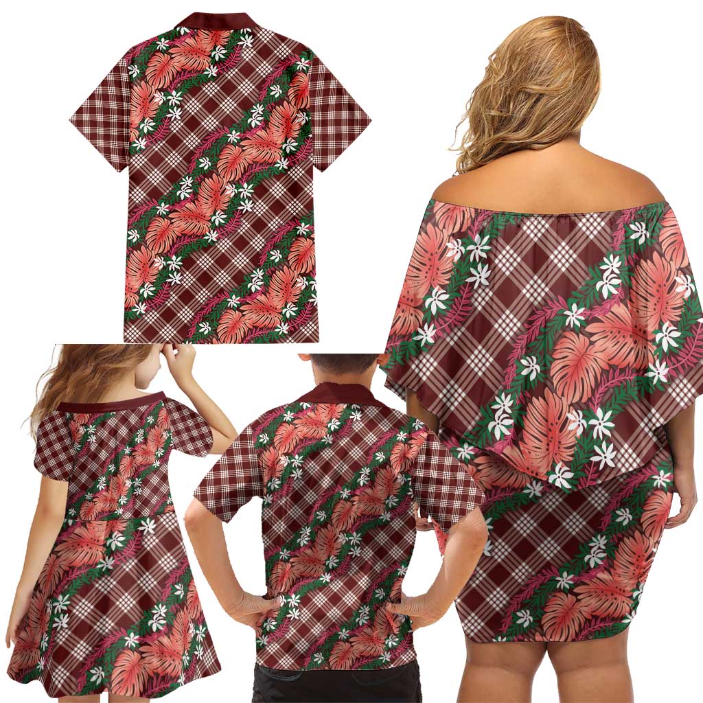 Polynesian Monstera Tiare Floral Family Matching Off Shoulder Short Dress and Hawaiian Shirt Burgundy Tropical Plaid - Polynesian Pride