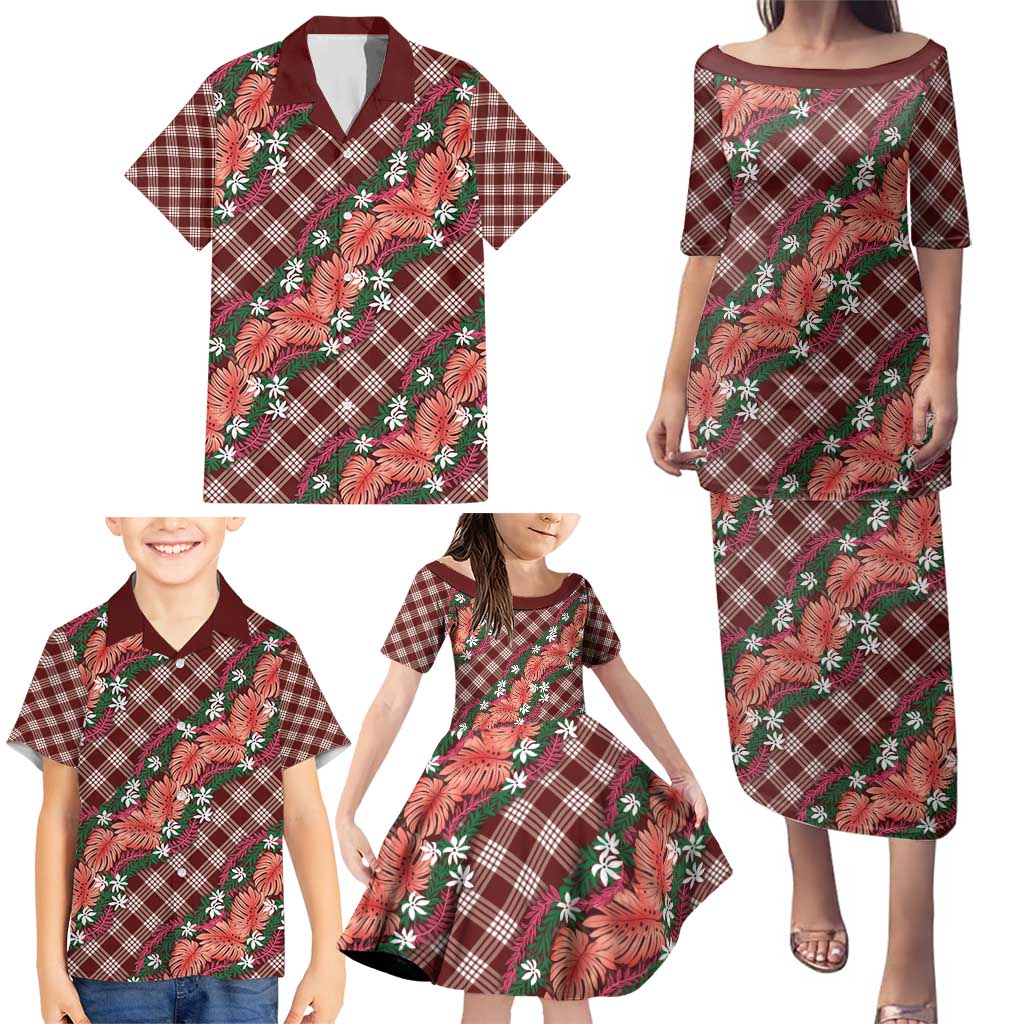 Polynesian Monstera Tiare Floral Family Matching Puletasi and Hawaiian Shirt Burgundy Tropical Plaid - Polynesian Pride