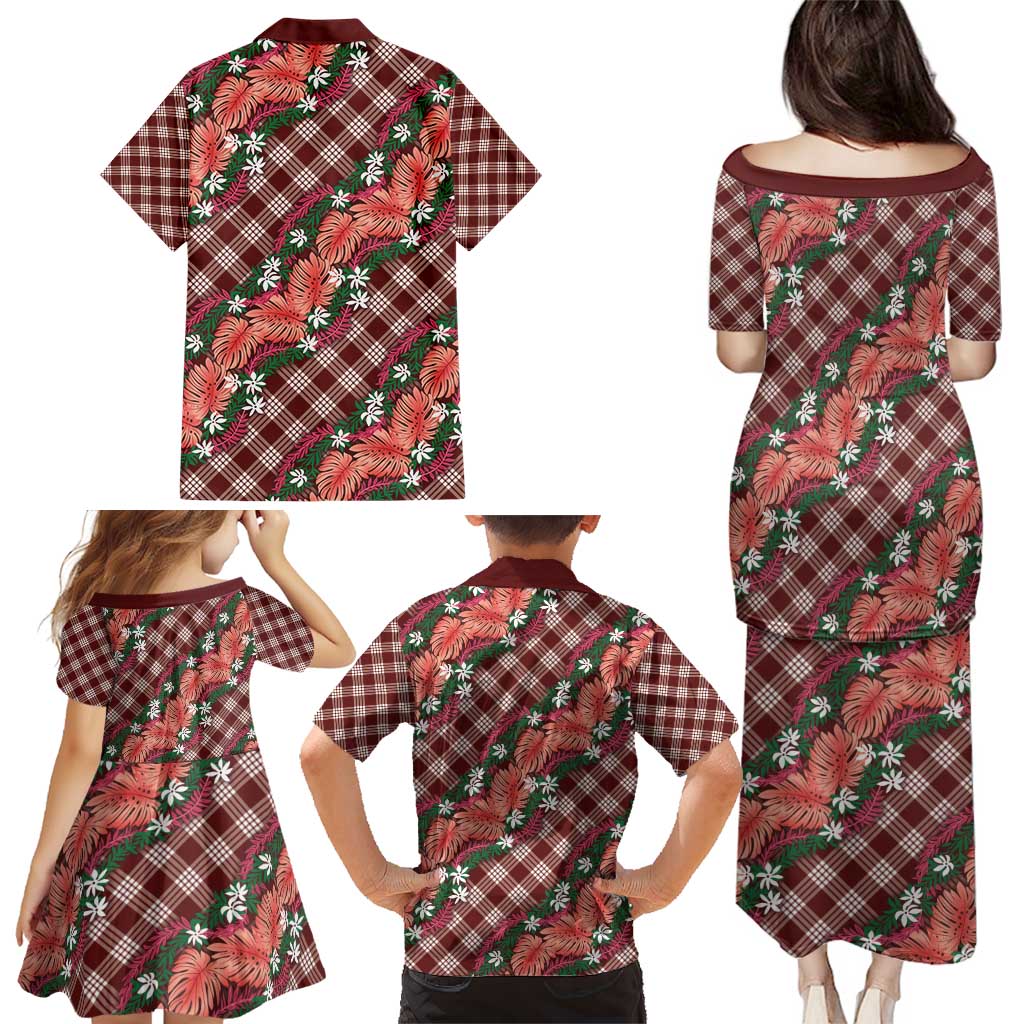 Polynesian Monstera Tiare Floral Family Matching Puletasi and Hawaiian Shirt Burgundy Tropical Plaid - Polynesian Pride