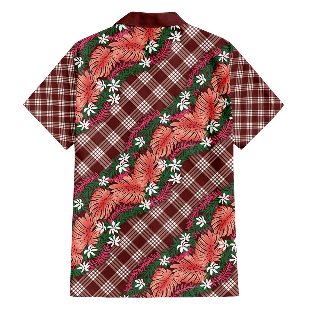 Polynesian Monstera Tiare Floral Family Matching Puletasi and Hawaiian Shirt Burgundy Tropical Plaid - Polynesian Pride