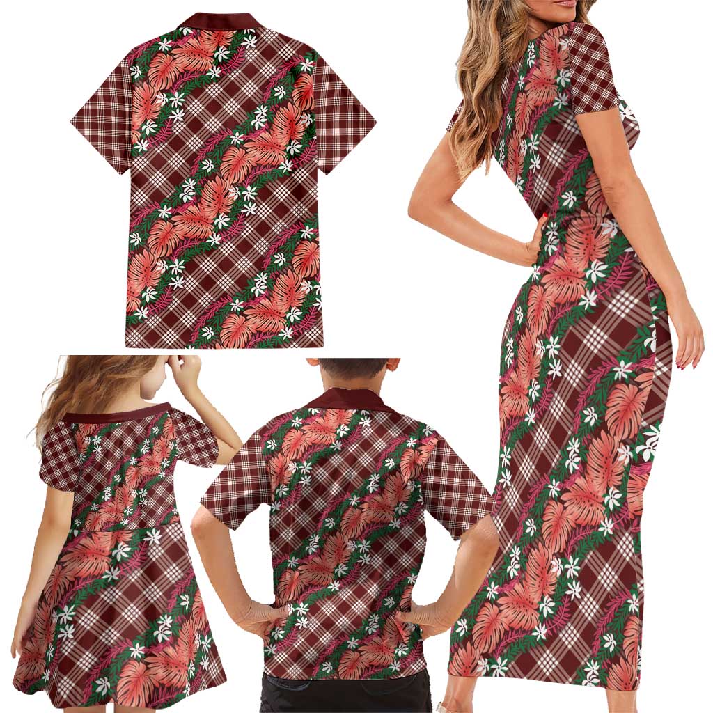 Polynesian Monstera Tiare Floral Family Matching Short Sleeve Bodycon Dress and Hawaiian Shirt Burgundy Tropical Plaid - Polynesian Pride