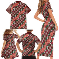 Polynesian Monstera Tiare Floral Family Matching Short Sleeve Bodycon Dress and Hawaiian Shirt Burgundy Tropical Plaid - Polynesian Pride