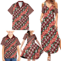 Polynesian Monstera Tiare Floral Family Matching Summer Maxi Dress and Hawaiian Shirt Burgundy Tropical Plaid - Polynesian Pride