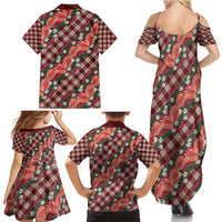 Polynesian Monstera Tiare Floral Family Matching Summer Maxi Dress and Hawaiian Shirt Burgundy Tropical Plaid - Polynesian Pride