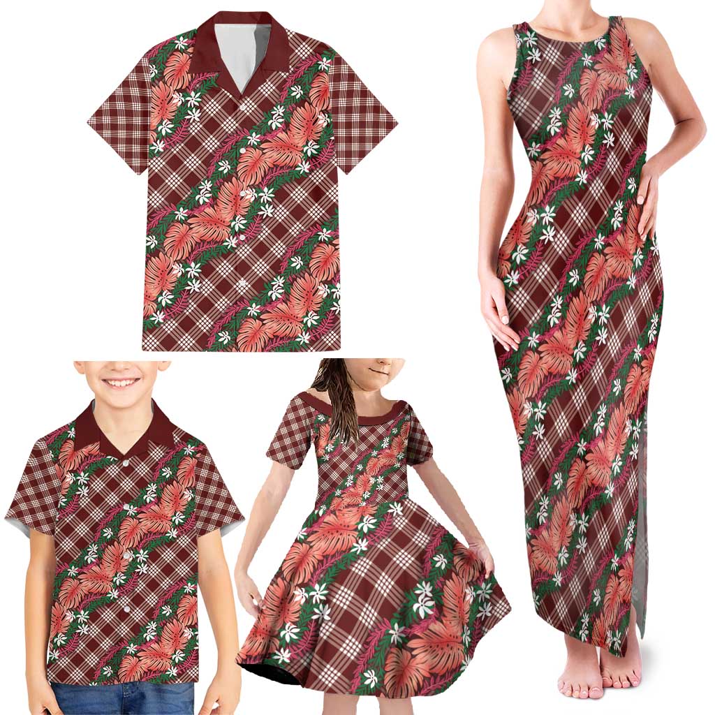 Polynesian Monstera Tiare Floral Family Matching Tank Maxi Dress and Hawaiian Shirt Burgundy Tropical Plaid - Polynesian Pride