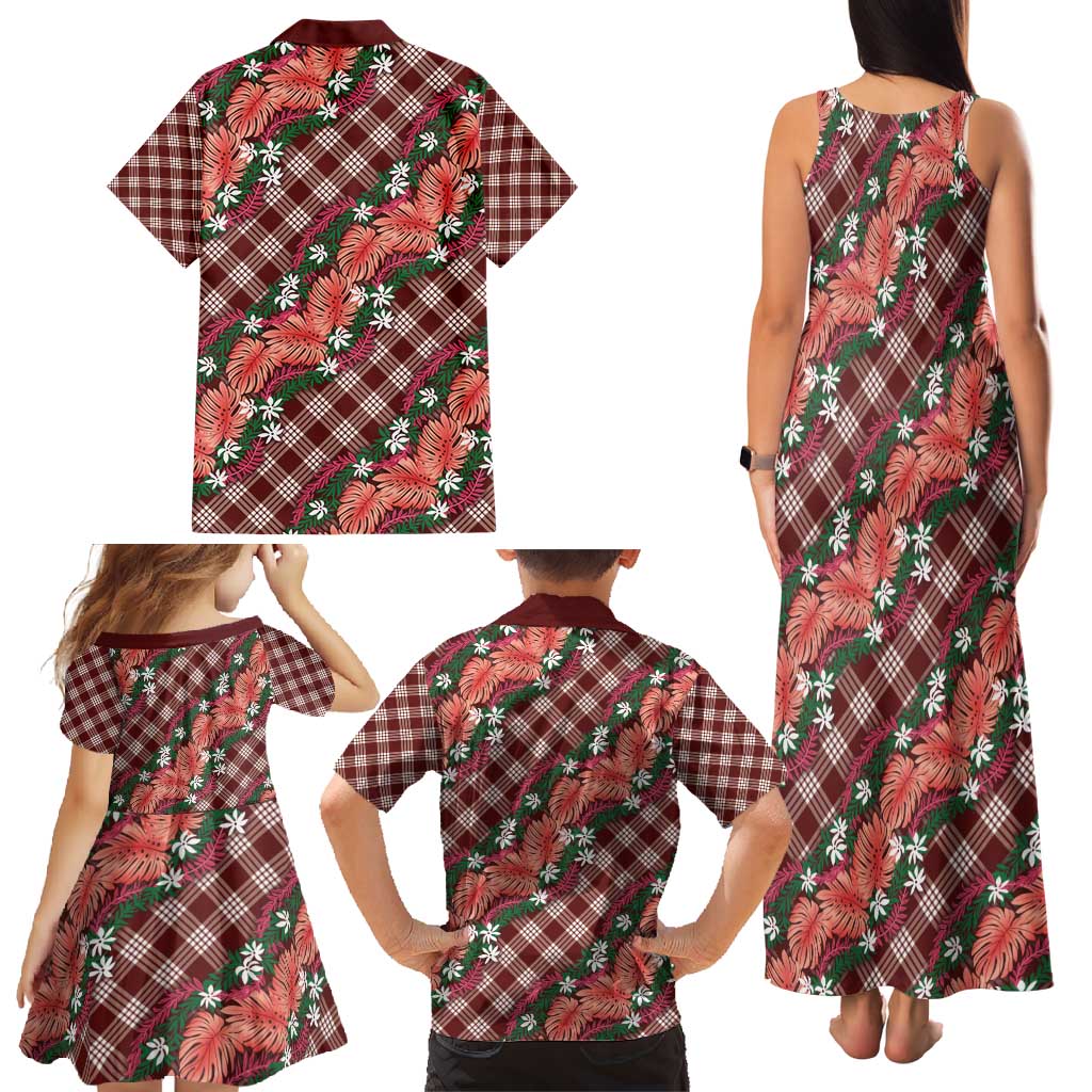 Polynesian Monstera Tiare Floral Family Matching Tank Maxi Dress and Hawaiian Shirt Burgundy Tropical Plaid - Polynesian Pride