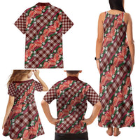 Polynesian Monstera Tiare Floral Family Matching Tank Maxi Dress and Hawaiian Shirt Burgundy Tropical Plaid - Polynesian Pride