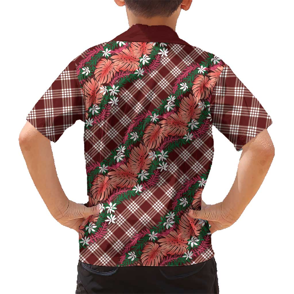 Polynesian Monstera Tiare Floral Hawaiian Shirt Burgundy Tropical Plaid - Polynesian Pride