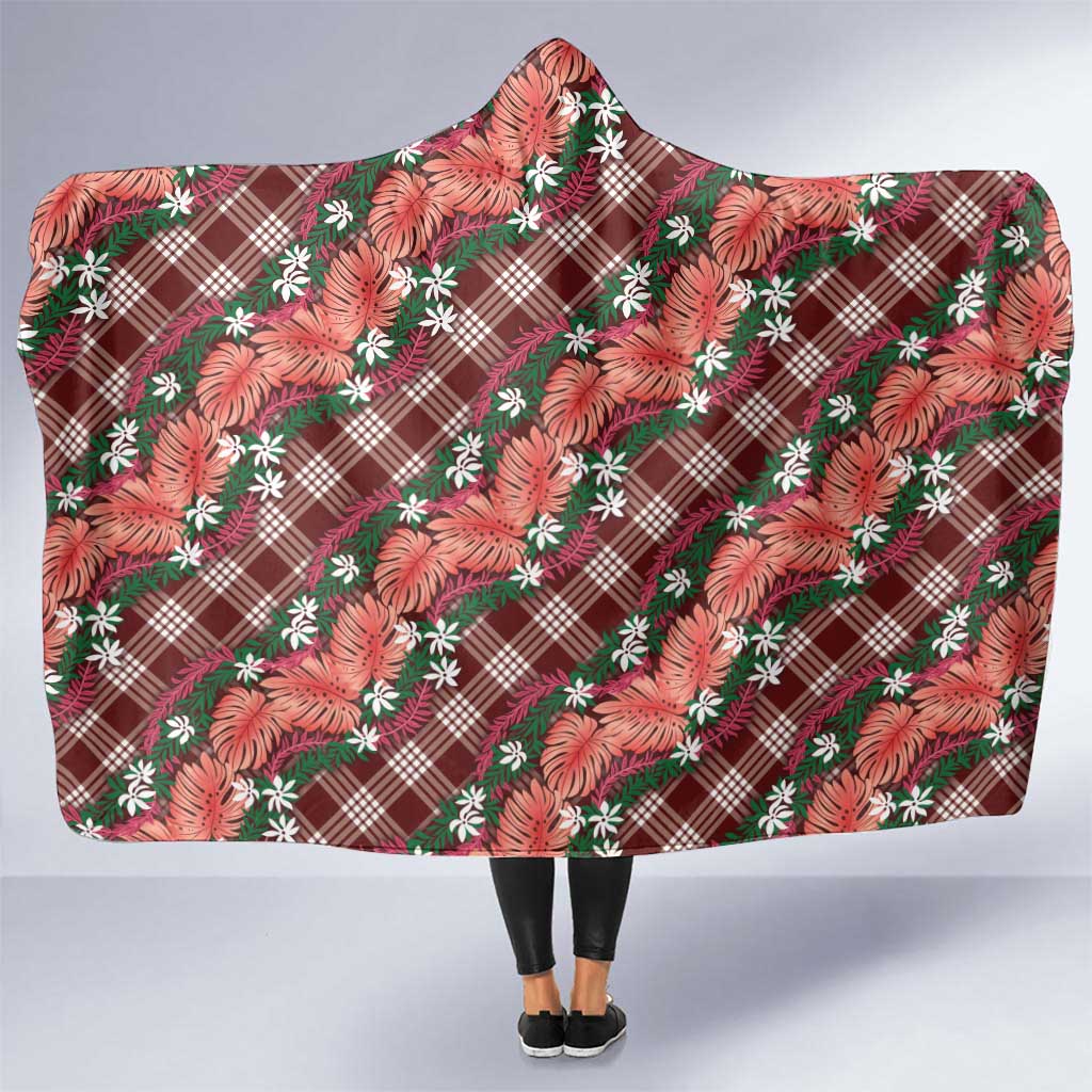 Polynesian Monstera Tiare Floral Hooded Blanket Burgundy Tropical Plaid - Polynesian Pride