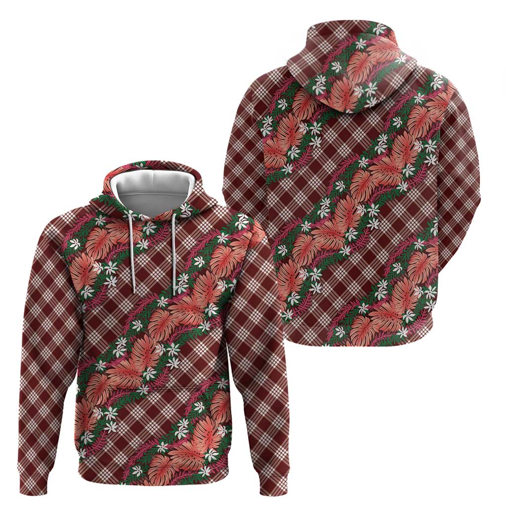 Polynesian Monstera Tiare Floral Hoodie Burgundy Tropical Plaid - Polynesian Pride