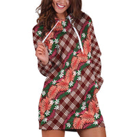 Polynesian Monstera Tiare Floral Hoodie Dress Burgundy Tropical Plaid - Polynesian Pride