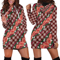 Polynesian Monstera Tiare Floral Hoodie Dress Burgundy Tropical Plaid - Polynesian Pride