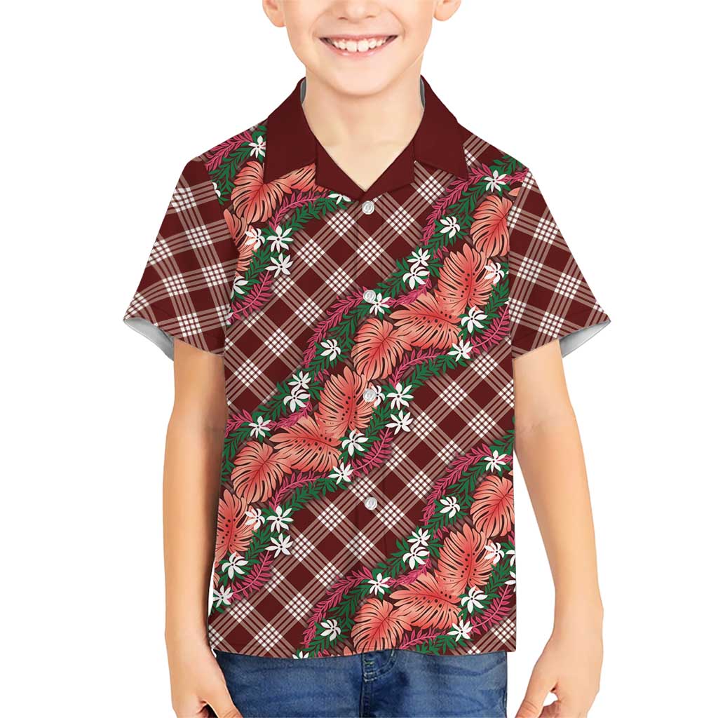 Polynesian Monstera Tiare Floral Kid Hawaiian Shirt Burgundy Tropical Plaid - Polynesian Pride