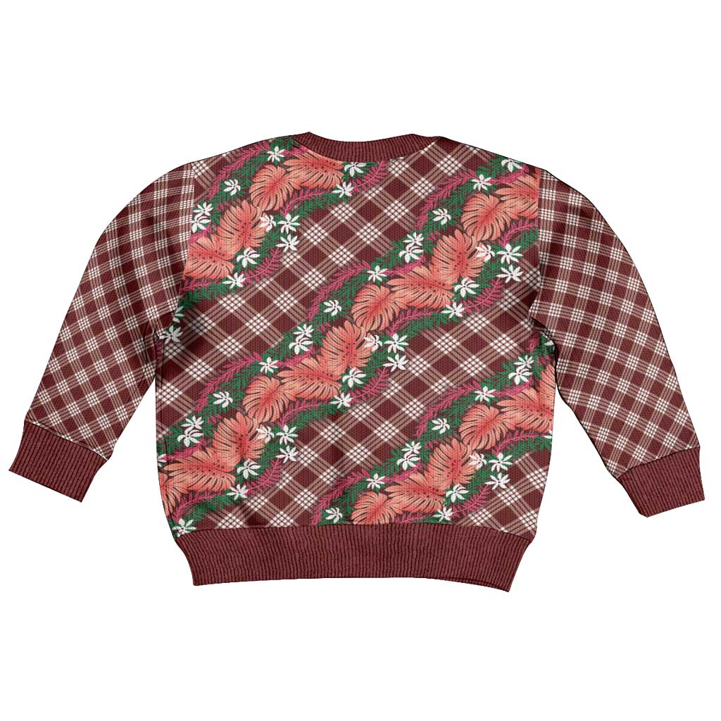 Polynesian Monstera Tiare Floral Kid Ugly Christmas Sweater Burgundy Tropical Plaid - Polynesian Pride