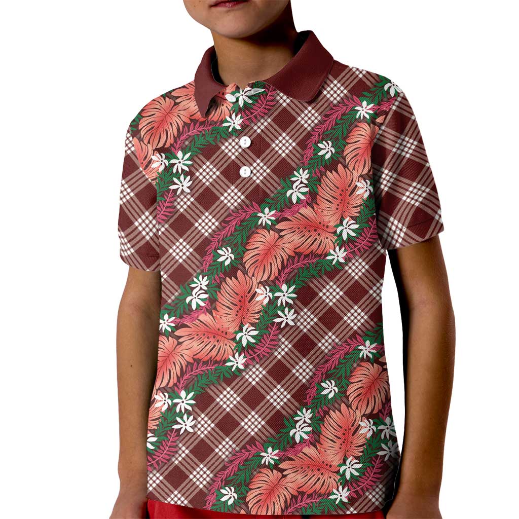 Polynesian Monstera Tiare Floral Kid Polo Shirt Burgundy Tropical Plaid - Polynesian Pride