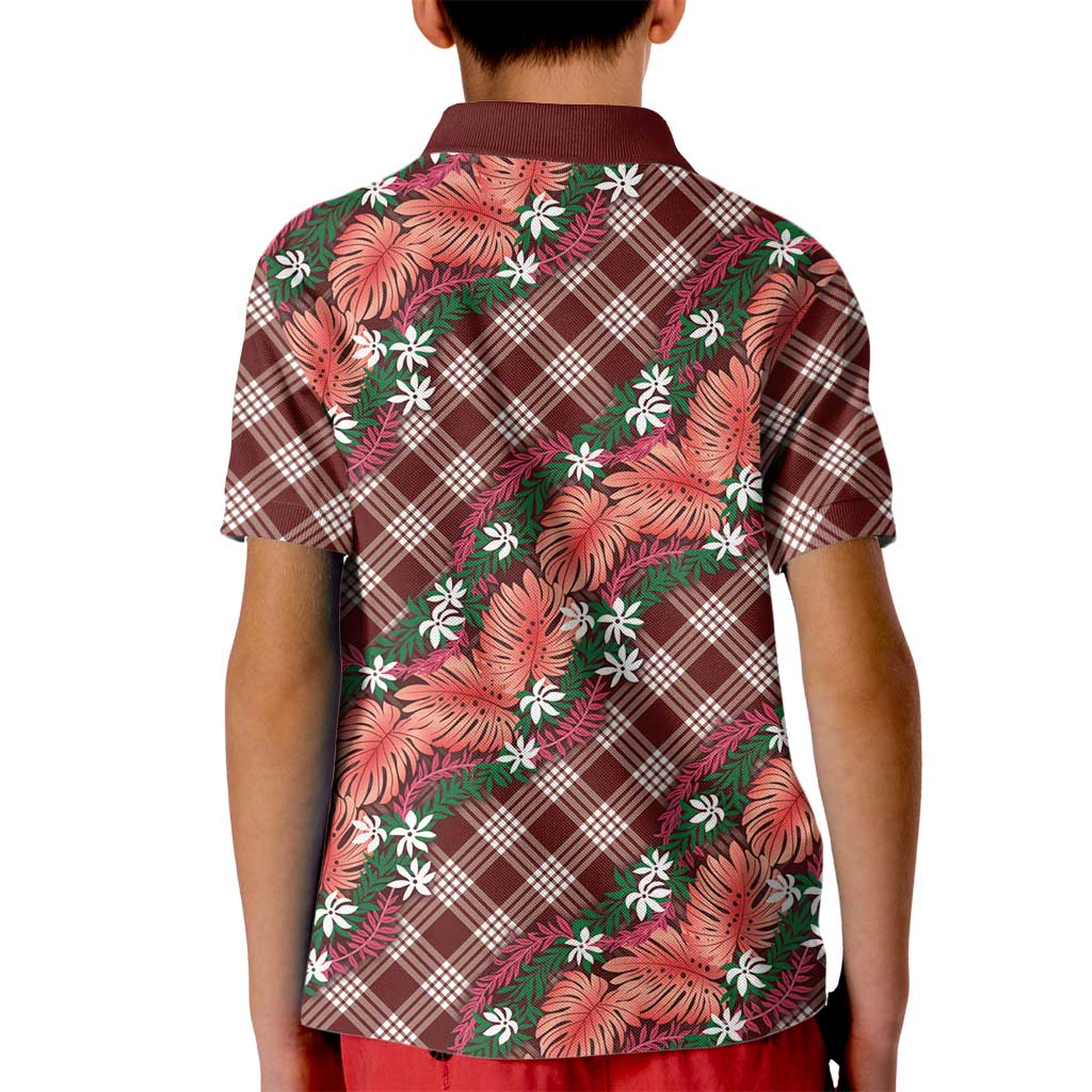 Polynesian Monstera Tiare Floral Kid Polo Shirt Burgundy Tropical Plaid - Polynesian Pride
