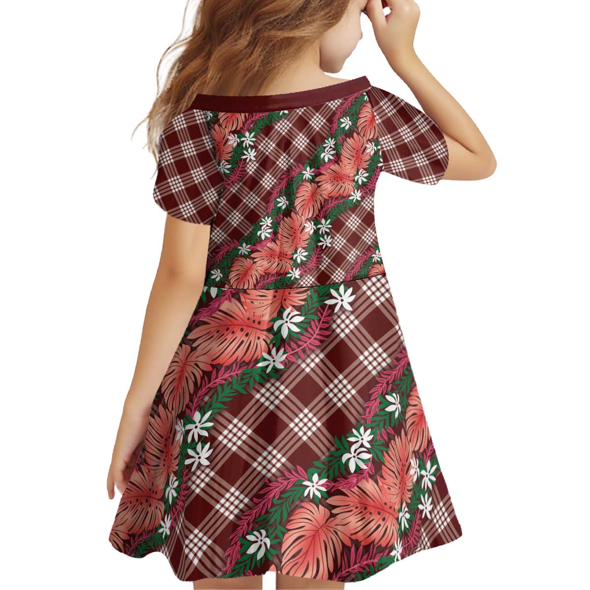 Polynesian Monstera Tiare Floral Kid Short Sleeve Dress Burgundy Tropical Plaid - Polynesian Pride