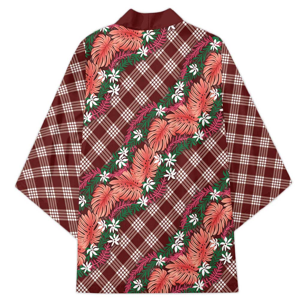 Polynesian Monstera Tiare Floral Kimono Burgundy Tropical Plaid - Polynesian Pride