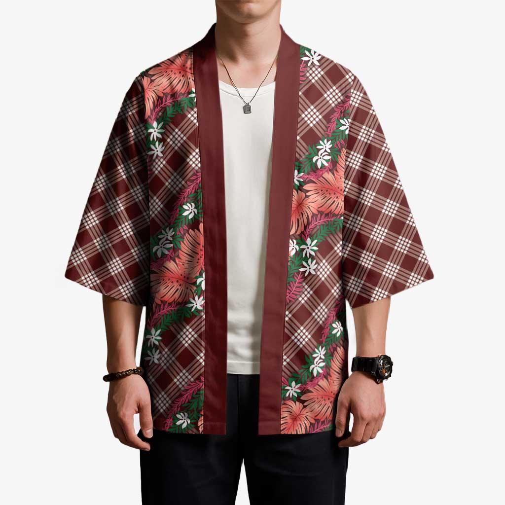 Polynesian Monstera Tiare Floral Kimono Burgundy Tropical Plaid - Polynesian Pride