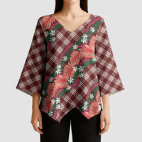 Polynesian Monstera Tiare Floral Kimono Sleeve Blouse Burgundy Tropical Plaid - Polynesian Pride