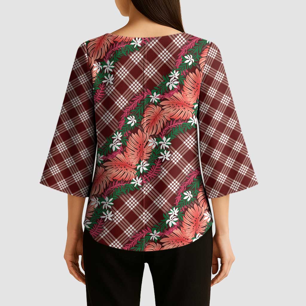 Polynesian Monstera Tiare Floral Kimono Sleeve Blouse Burgundy Tropical Plaid - Polynesian Pride