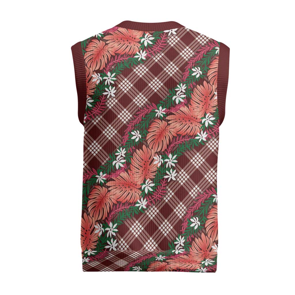 Polynesian Monstera Tiare Floral Christmas Knitted V-Neck Vest Burgundy Tropical Plaid - Polynesian Pride