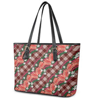 Polynesian Monstera Tiare Floral Leather Tote Bag Burgundy Tropical Plaid - Polynesian Pride