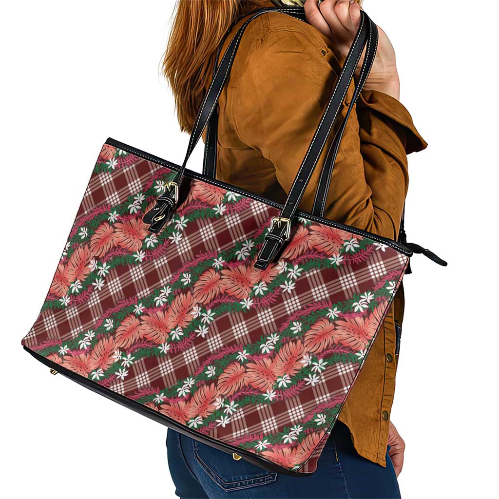 Polynesian Monstera Tiare Floral Leather Tote Bag Burgundy Tropical Plaid - Polynesian Pride