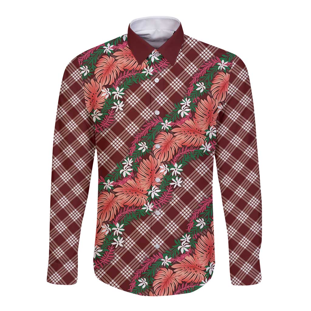 Polynesian Monstera Tiare Floral Long Sleeve Button Shirt Burgundy Tropical Plaid - Polynesian Pride