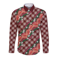 Polynesian Monstera Tiare Floral Long Sleeve Button Shirt Burgundy Tropical Plaid - Polynesian Pride
