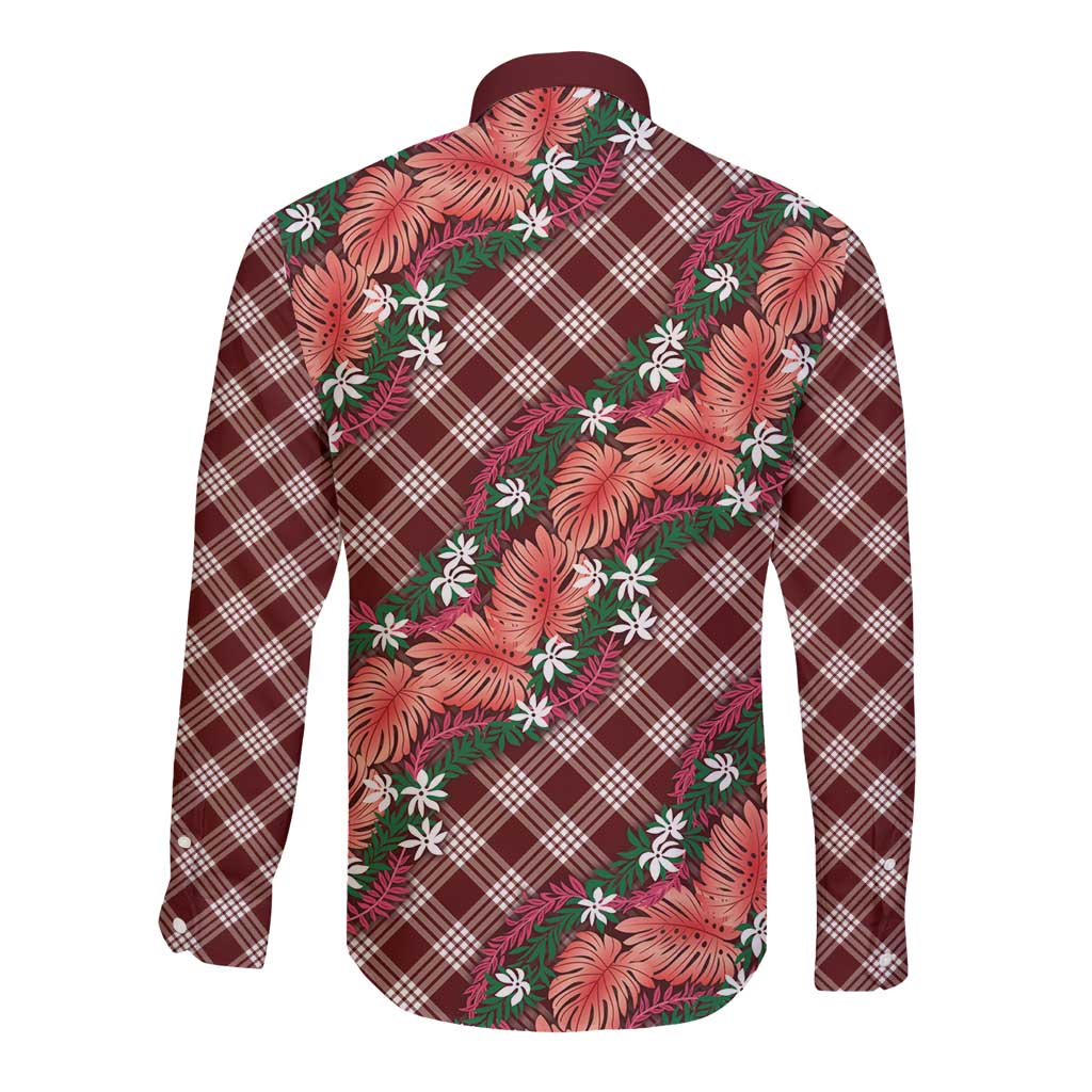 Polynesian Monstera Tiare Floral Long Sleeve Button Shirt Burgundy Tropical Plaid - Polynesian Pride
