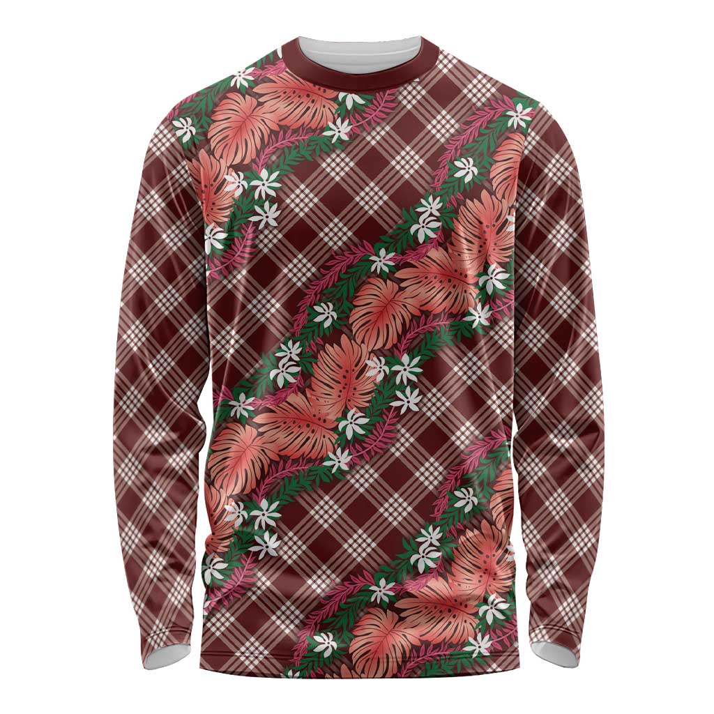 Polynesian Monstera Tiare Floral Long Sleeve Shirt Burgundy Tropical Plaid - Polynesian Pride